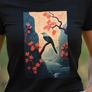 Japanese Inspired Abstract Art Scenic Mountain Bird Nature Unisex T-Shirt - Picture 1 of 8