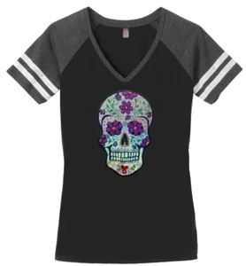Camiseta para mujer Sugar Skull S-4XL Bling cuello en V - Imagen 1 de 2