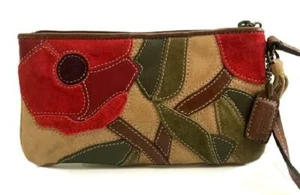 Coach Ltd Ed Coffee Cream Suede Red Floral Poppy Peace Purse Bag Wristlet WOW! - Picture 1 of 1