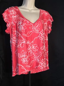 LIV LA Blouse, NWT, Coral/White chain embroidery, V-neck, Ruffled Sleeves in M - Picture 1 of 5