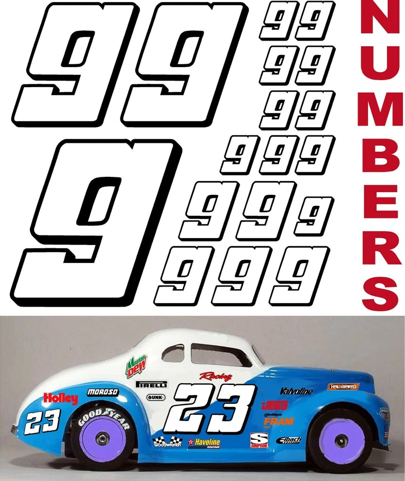 WHITE w/Black (#9's) Racing Numbers Decal Sticker Sheet 1/8-1/10-1/12 Traxxas - Image 1 of 4