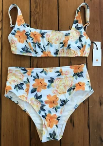 Shade Shore Yellow Orange Floral High Waist 2 Piece Bikini Bathing Suit L 12-14 - Picture 1 of 9