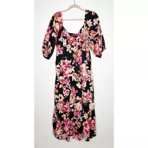 Anthropologie Floral Maxi Dress Black Pink Blossom Tiered Size Large Petite - Picture 1 of 16