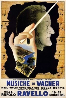  MUSICHE DI WAGNER RAVELLO VILLA RUFOLO 1953 ITALY CONCERT VINTAGE POSTER REPRO  - Image 1 of 3