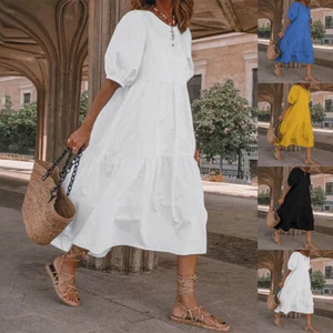 Women Baggy Maxi Smock Dress Summer Short Sleeve Ruffle Holiday Beach Sundress - Picture 1 of 19