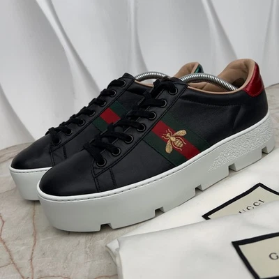 PVP $990 Gucci Ace Web Bee Zapatilla Bordada Plataforma Cuero 7.5 EE. UU. o 37.5 UE Foto 1 de 4