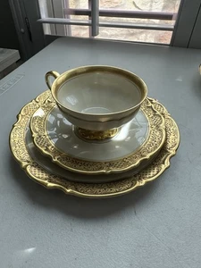 Set Hutschenreurter Gelb Tasse Untertasse Teller vergoldet signiert 36 5529 Bavaria Germany - Bild 1 von 8