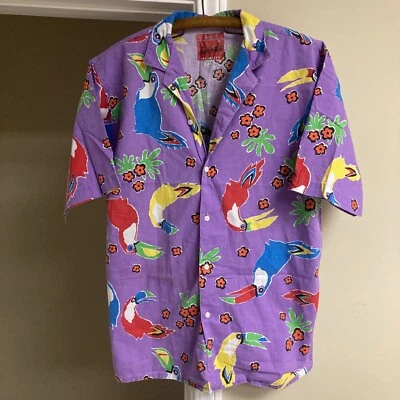 Винтажная гавайская рубашка ARROW Brigade Unlimited 1980-е фиолетовая с туканами средний размер США - Изображение 1 из 4