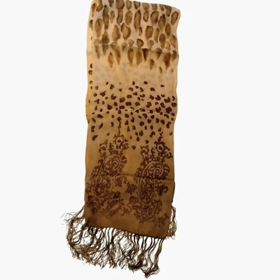 Cachecol Paisley Leopardo Vintage Estampa Marrom Dourado 10X60 Borda com Franjas - Imagem 1 de 4