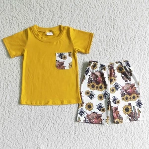 Toddler Boys Boutique Summer Set Yellow Top Highland Cow Sunflower Shorts Outfit - Picture 1 of 17