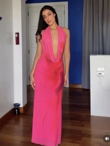 ZARA NEW WOMAN MIDI DRAPED TULLE HALTER DRESS FUCHSIA SIZE MEDIUM 2983/007 - Picture 1 of 5