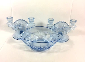Juego de consola Paden City Maya Copen cristalería azul cuenco ovalado y candelabro - Imagen 1 de 12
