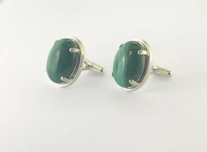 16 x 12 mm Oval Malachite Cabochon Sterling Silver Fixed Back Cuff Links - Picture 1 of 2