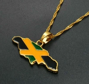 Gold Jamaica Flag Map Necklace Pendant & Chain Jamaican Caribbean UK - Picture 1 of 3