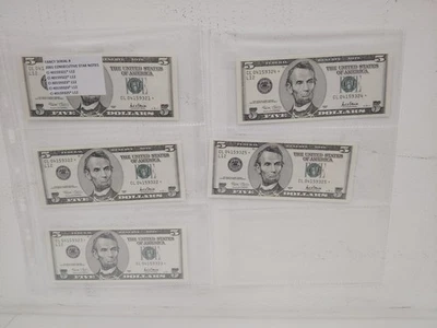 Lot Of 5 2001 Uncirculated STAR NOTE $5 Consecutive Bills (9321-9325) - Image 1 of 4