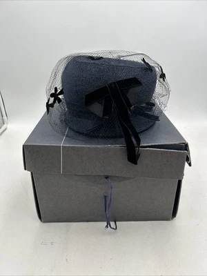 Vintage Valerie Modes Navy Blue Woven Straw Pillbox Hat Adjustable With Box - Image 1 of 4