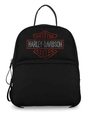 Mini mochila Harley-Davidson para mujer con logotipo de barra y escudo de diamantes de imitación, negra Foto 1 de 4