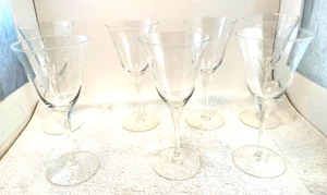 7 VTG Avalon Clear Laurel Etched Crystal Wine Stem Hand Blown Glasses 7.3/8"t - Picture 1 of 6