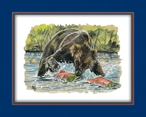 Bear in River with Fish Wildlife Canvas Art Print Various Border Matting Colors - Picture 1 of 14