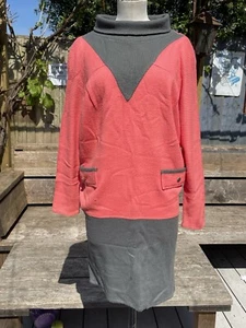 Vintage 1980s Knit Pink Coral & Grey Sweater Jumper Dress Sz 14 Padded Shoulders - Picture 1 of 17