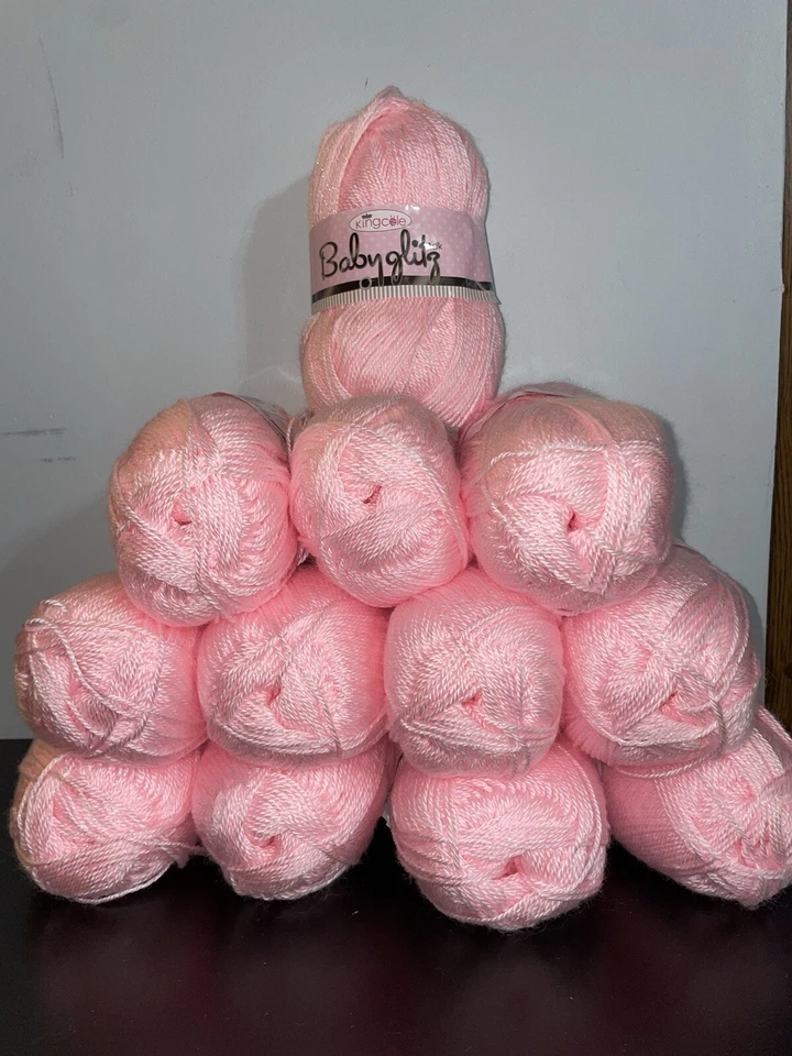 King Cole Baby Glitz DK Yarn: 12 Skeins 100 g Ea. Shade 103 PINK. Same Lot #. - Image 1 of 4