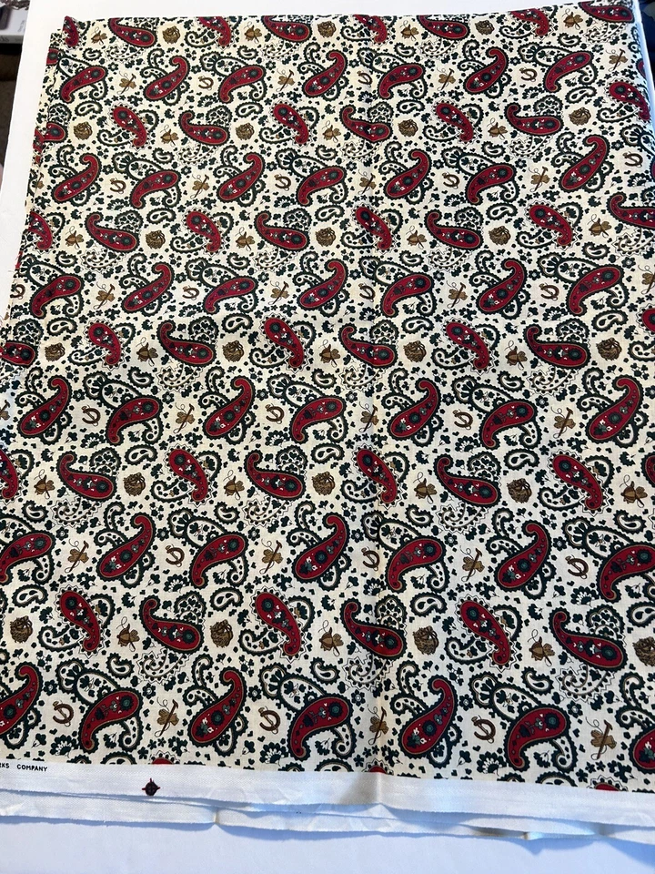 VTG Paisley Print Cotton Fabric Cranston Equestrian Horses 2 Yards Cream BG - Image 1 of 4