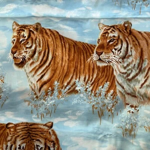 Siberian Tigers In Blue Floral Fields Snow Exclusively Quilters 1.7 Yards - Picture 1 of 3