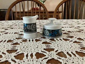Sango Quadrille Obi 7012 Blue & Grey Abstract Design Creamer and Sugar - Picture 1 of 11