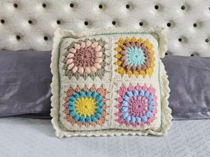 Vintage Granny Square Pillow, 15" Completed Crocheted Pillow with Ruffled Trim - Picture 1 of 10