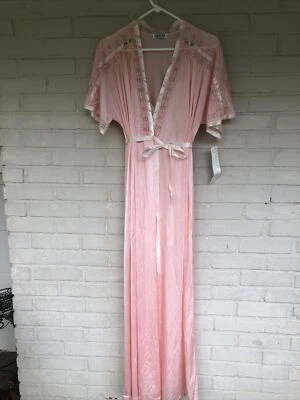 Vintage 60s Small Bridal Pegnoir Gown Robe Set Modest Pink lace Sleeve Slit NOS - Image 1 of 4