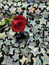 Silver Sequin Iridescent Embroidery Stars On Black Stretch Velvet Fabric