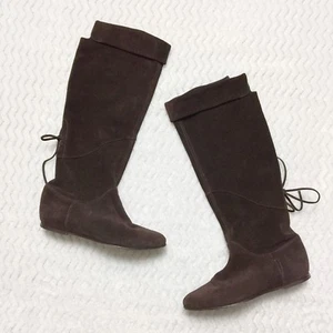 Joie Heidi Suede Slouch Boots Cuffed Top Corset Lacing Brown Leather Size 6.5 - Picture 1 of 10
