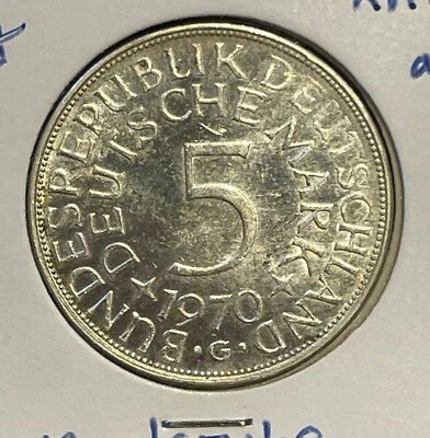 Alemania 5 marcos 1970 águila orientada a la izquierda KM#112 G Karlsruhe 625Ag plata aUNC B1235 Foto 1 de 4