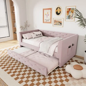 Twin Size Upholstered Velvet Tufted Daybed Trundle Pink - Picture 1 of 20