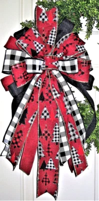 10" BUFFALO CHECK, PLAID TREES on DARK RED WIRED BOW, WREATH SWAG MAIL # 105 rb - Image 1 of 3