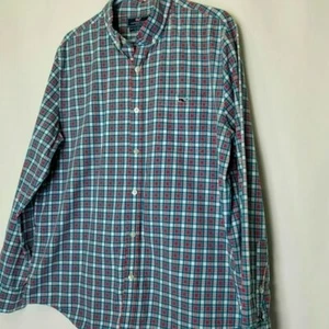 Vineyard vines slim fit tucker shirt 100% cotton green red white plaid Large - Picture 1 of 9
