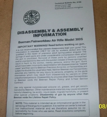 BEEMAN PRECISION Beeman Feinwerkbau FWB 300S Match Air Rifles Shop Manual TB8196 1988