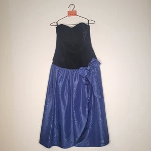 St Michael Cocktailkleid 12 schwarz blau trägerlos Samt Tafeta Schleife 80er Vintage - Bild 1 von 9