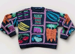 VINTAGE & RARE Northern Isles Fruits & Vegetables Food Heavy Knit Sweater Sz M  - Picture 1 of 8