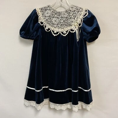 Vestido de fiesta vintage Bonnie Jean para niñas 5 azul terciopelo cuello de encaje ribete vacaciones Foto 1 de 4