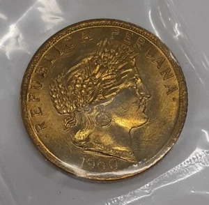 1960 Peru 10 Centavos Brass Coin Liberty Head-KM#224 BU - Picture 1 of 2