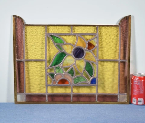 *Vintage French Stained Glass Panel with Brass and Leaded Framing Cover