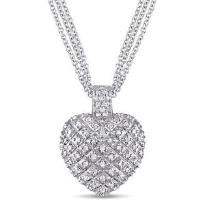 Amour Sterling Silver 1CT TDW Diamond Heart Triple-strand Necklace