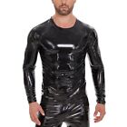 Trendy Black Wetlook Shiny Faux Leather Long Sleeve Tshirt For Stylish Men