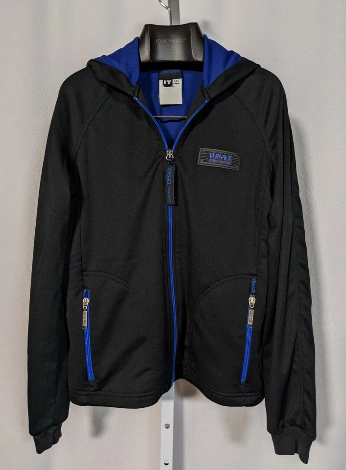 范思哲 Jeans Couture 复古 Tech Track 夹克黑色蓝色标志 Lampo Zip 意大利 — 第 1/4 张图片