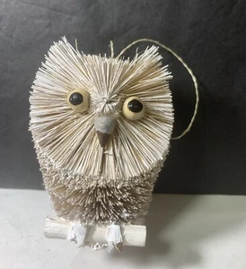 NATURAL BURI BRISTLE OWL ON BRANCH CHRISTMAS TREE ORNAMENT - Picture 1 of 5