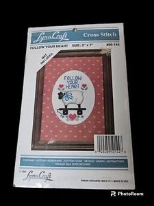 Vtg 80s Lynn Craft Cross Stitch Kit Size 5x7 "Follow Your Heart" Mat Included - Picture 1 of 2