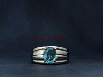 Anello In Argento Sterling 925 Con Gemma Di Topazio Blu Naturale Per Uomo #776 - Immagine 1 di 3