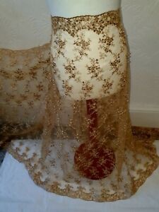 1m gold Embroided Pearl Beaded Scalloped Bridal lace Fabric 44”wide