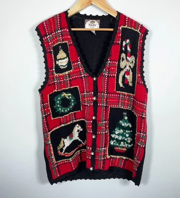 Tiara Navidad Motivo Suéter Chaleco Mujer 18/20 Rojo Cuadros Grueso Tejido 1995 Foto 1 de 4